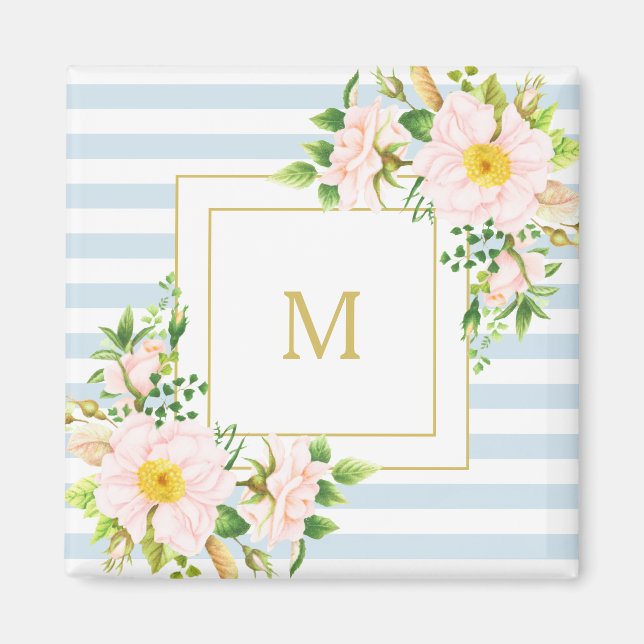 Aimant Monogramme Floral Shabby Chic Pastel Blue Stripes (Devant)