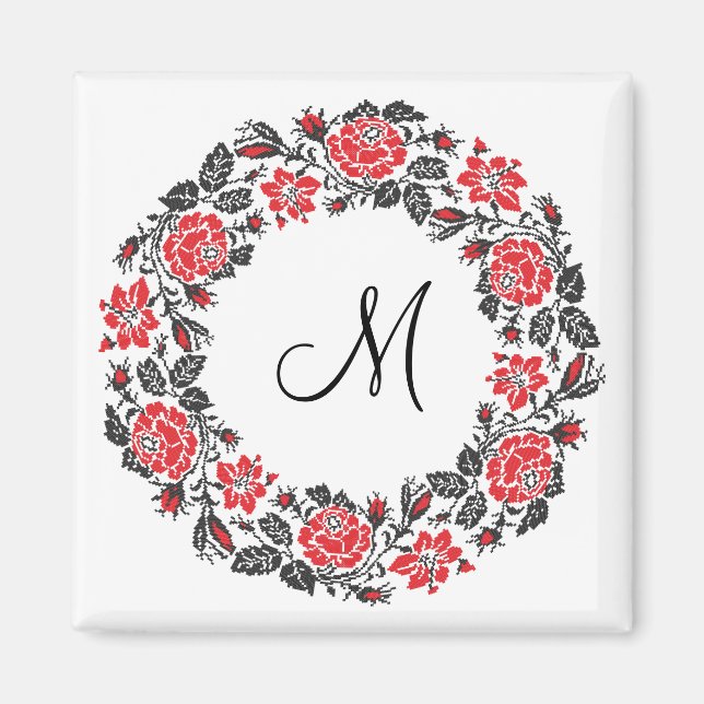 Aimant Monogramme initial des roses rouges à point croisé (Devant)