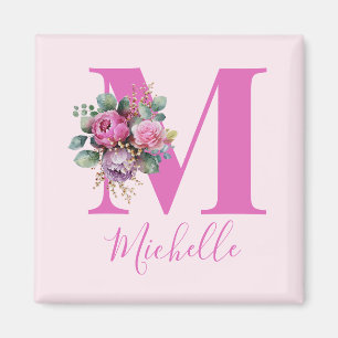 Aimant Monogramme Initial Nom Fleurs Aquarelle Rose