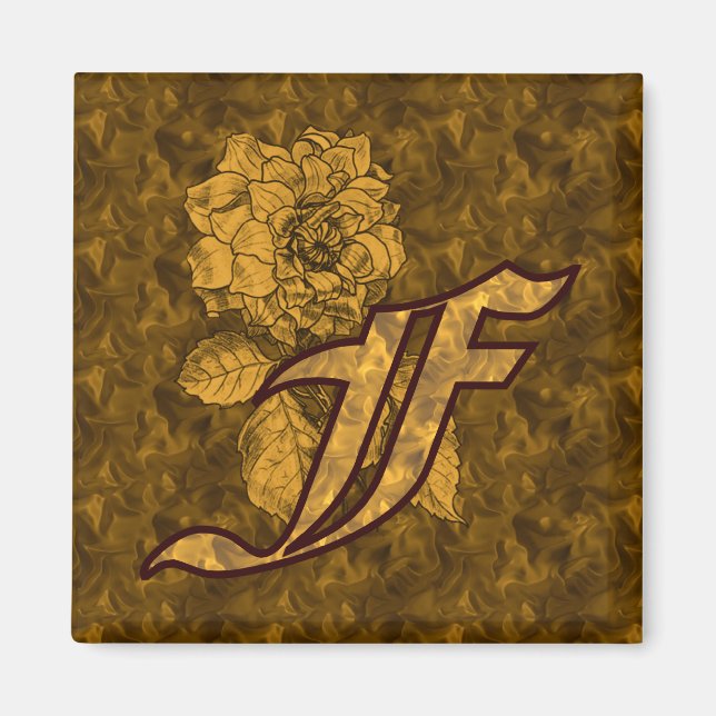 Aimant Monogramme Initiale F Fleur de Pivoine Or Élégant (Devant)