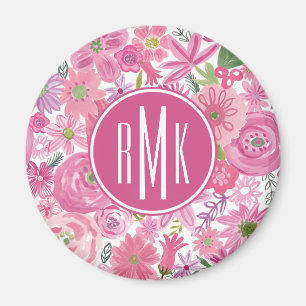 Aimant Monogramme   Je fais Pink Aquarelle Motif Floral