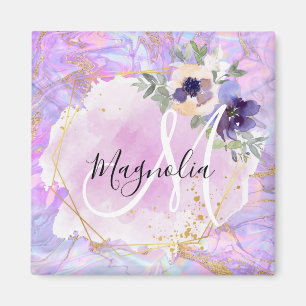 Aimant Monogramme Marbre Arc-en-ciel Violet, Rose & Or