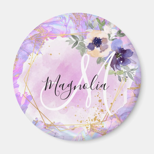 Aimant Monogramme Marbre Arc-en-ciel Violet, Rose & Or (Devant)