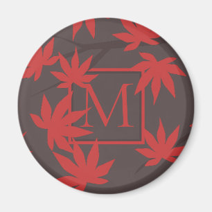 Aimant Monogramme Moderne Feuille d'Érable Rouge Grise