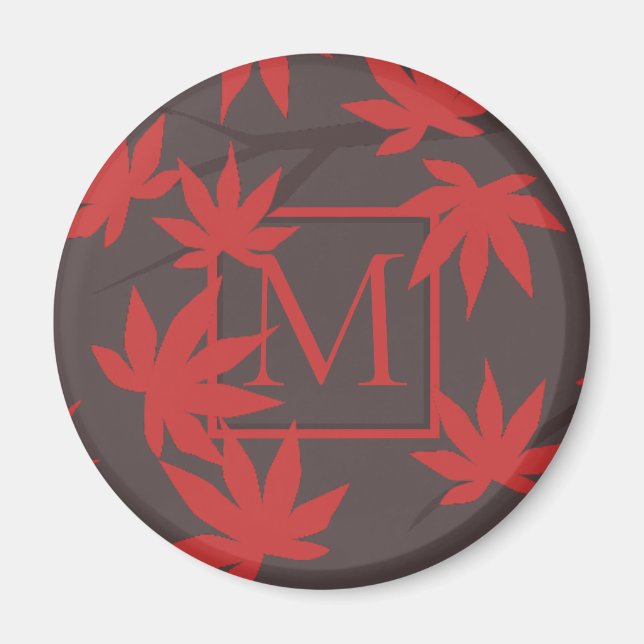 Aimant Monogramme Moderne Feuille d'Érable Rouge Grise (Devant)
