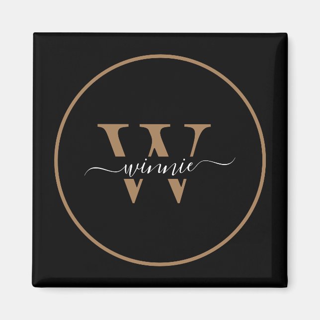 Aimant Monogramme moderne Noir Gold Nom de script minimal (Devant)