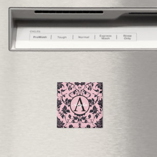 Aimant Monogramme moderne Rose rose et noir Damask