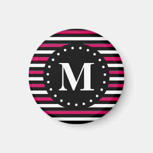 Aimant Monogramme Motif rose noir blanc rayé