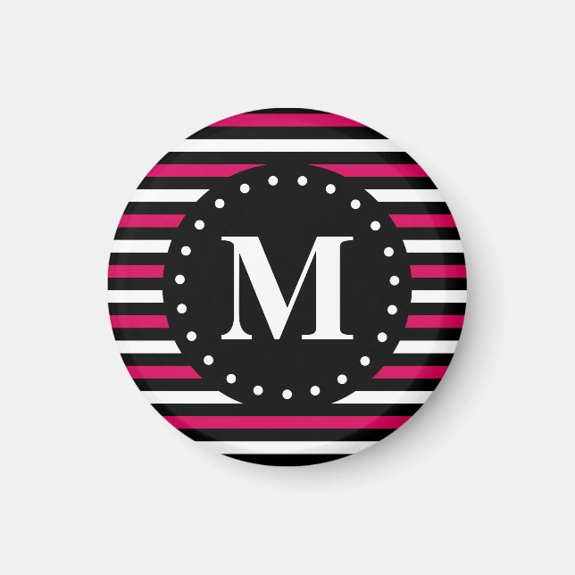 Aimant Monogramme Motif rose noir blanc rayé (Devant)