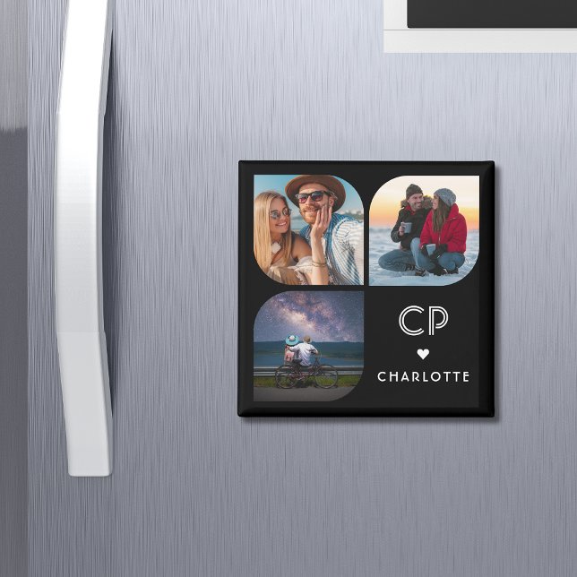 Aimant Monogramme Nom 3 Photo Simple Tendance Moderne (Créateur téléchargé)