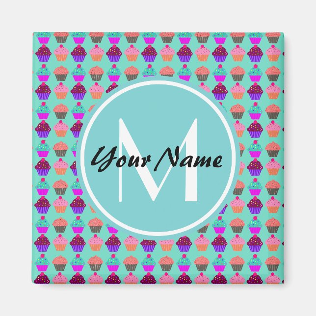 Aimant Monogramme personnalisé Aqua Cupcake (Devant)