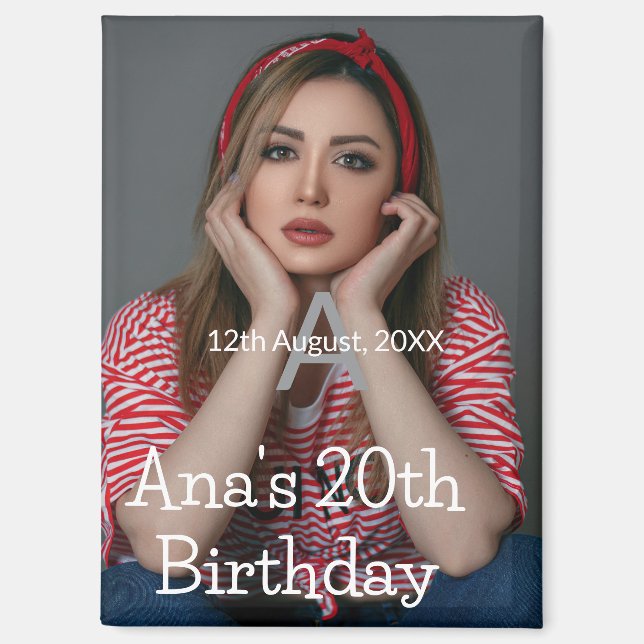 Aimant Monogramme photo joyeux 20e anniversaire gris blan (Recto)