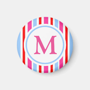 Aimant Monogramme rayures bonbons rouge et bleu vif