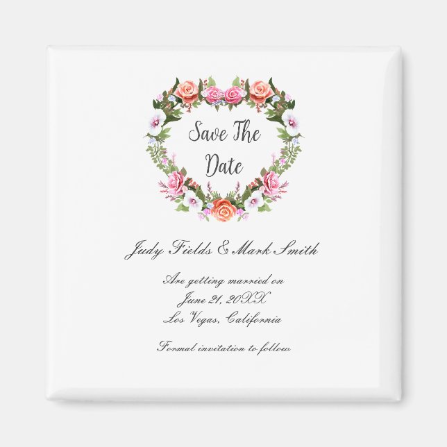 Aimant Monogramme Romantique Roses Floral Coeur Enregistr (Devant)