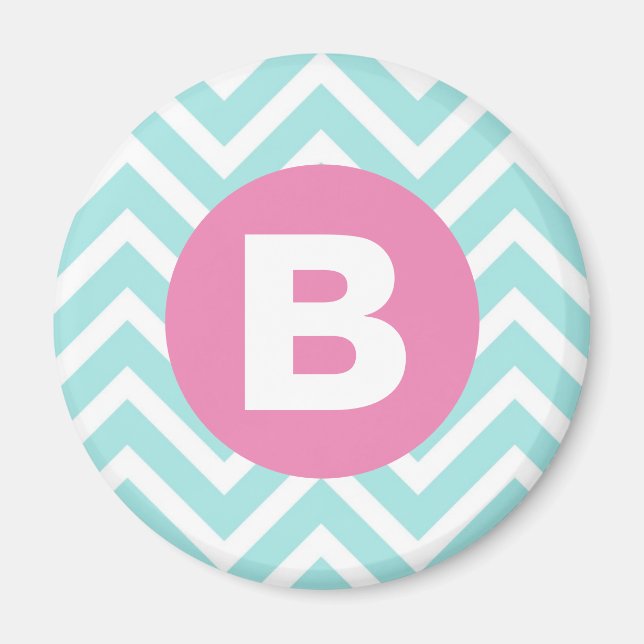 Aimant Monogramme rose chevron bleu clair tendance (Devant)