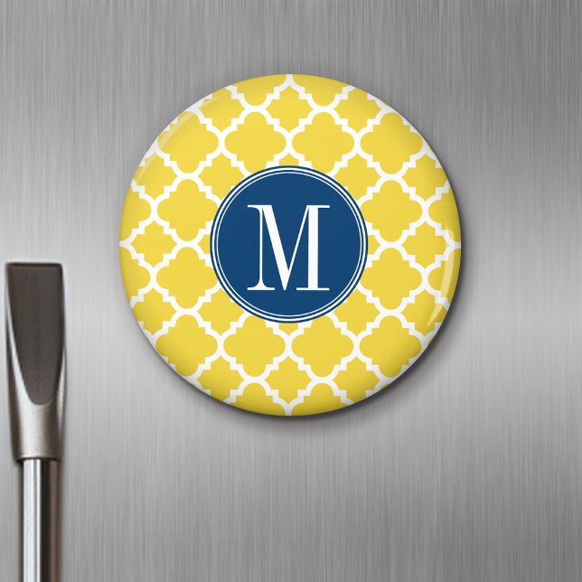 Aimant Monogramme sur mesure du Motif de Quatrefoil Jaune (Personalized Fridge Magnet - Add Custom Text)