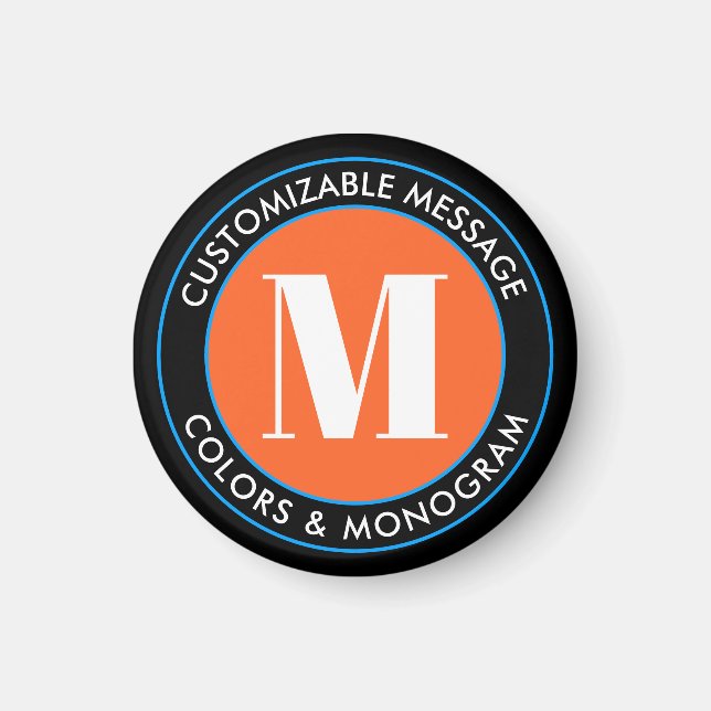 Aimant Monogramme & Texte Gras | Noir Blanc Orange & Bleu (Devant)