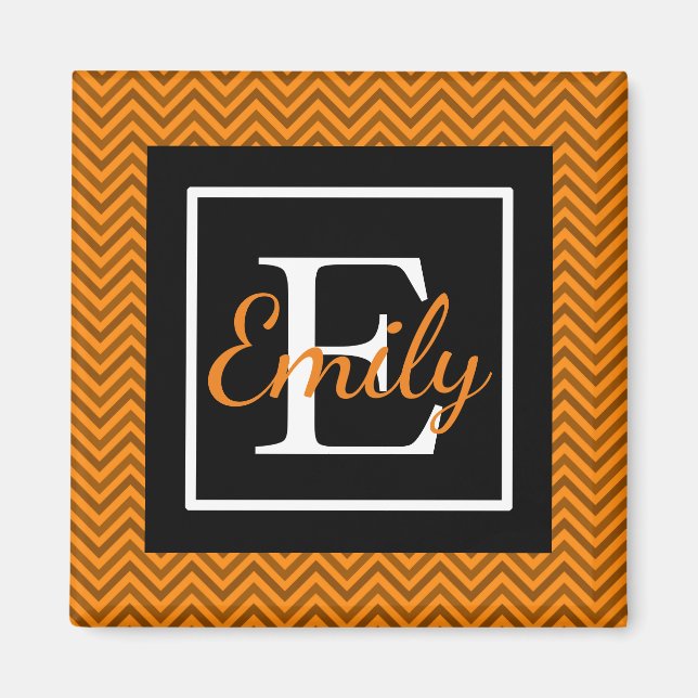 Aimant Monogrammed Orange & Black Chevron Pattern (Devant)