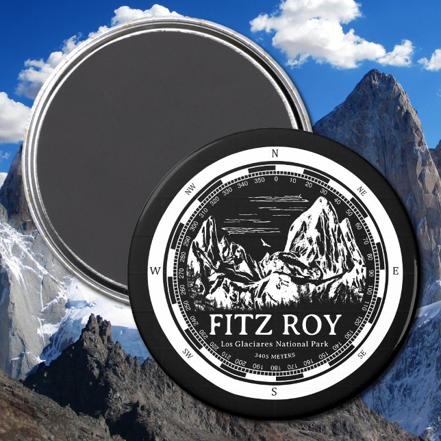 Aimant Mont Fitz Roy - Cerro Chaltén Amérique du Sud (Mount Fitz Roy Magnet in Back with a white compass and mountain illustration)