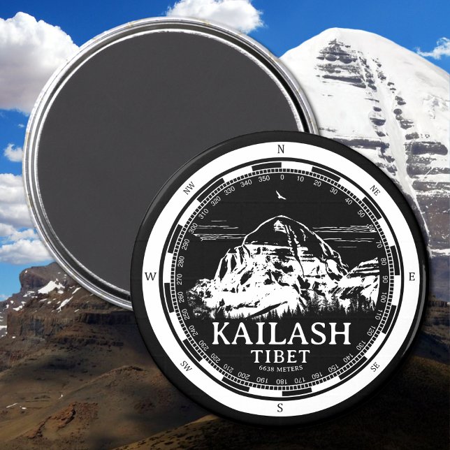 Aimant Mont Kailash - Gang Rinpoché Tibet (Mount Kailash - Gang Rinpoche Magnet in Back with a white compass and mountain illustration)