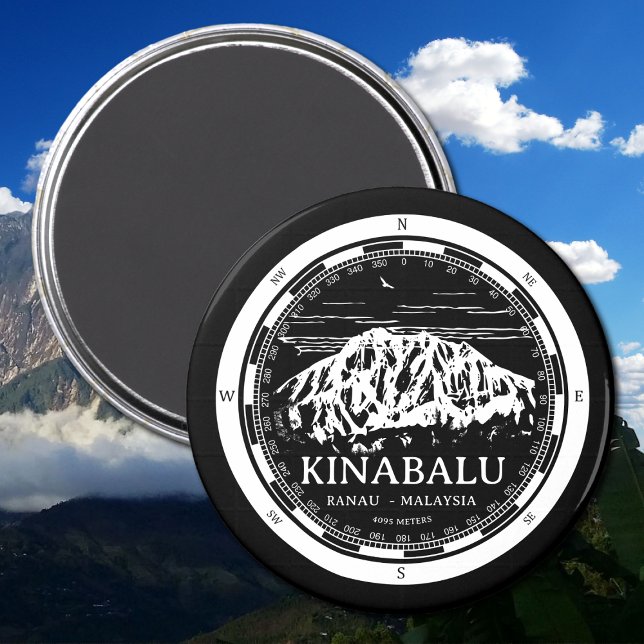 Aimant Mont Kinabalu - Ranau Malaisie Sabah Illustration (Mount Kinabalu Malaysia Magnet in Back with a white compass and mountain illustration)