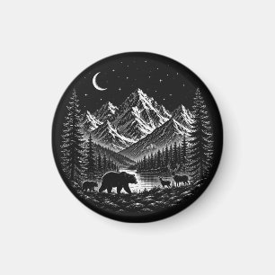 Aimant Montagne Mystique Nuit Sauvage Style Linogravure