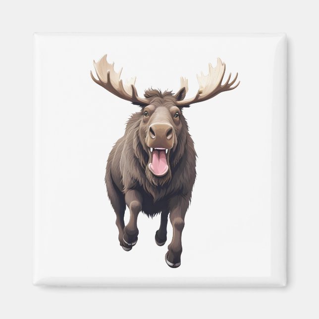 Aimant Moose Joyeux Jouer Jouer Jumping Dans La Forêt Aér (Devant)