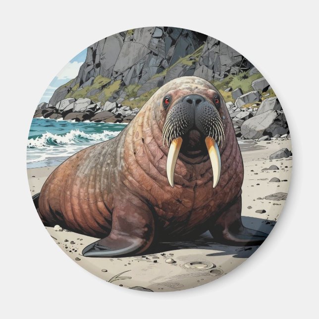 Aimant Morse sur une plage de sable  | Animaux mignons (Devant)
