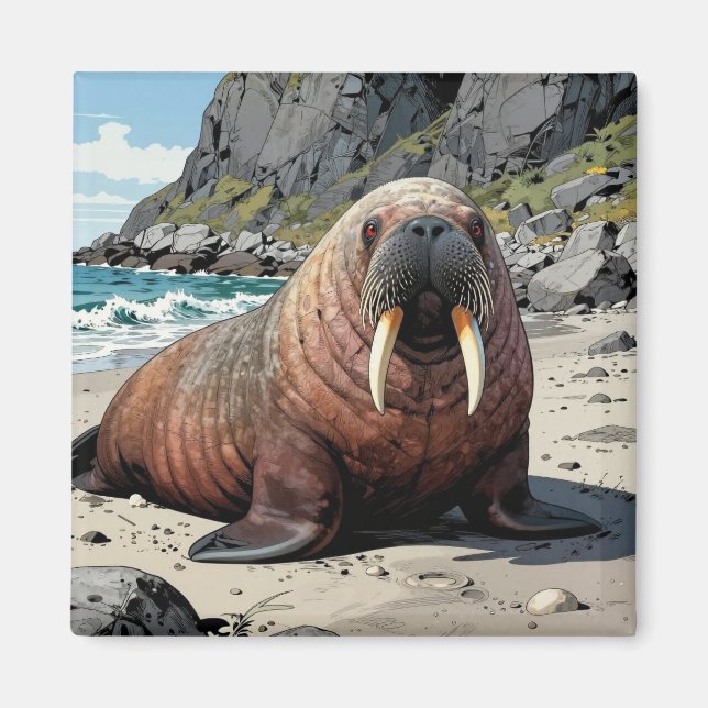 Aimant Morse sur une plage de sable  | Animaux Mignons (Devant)