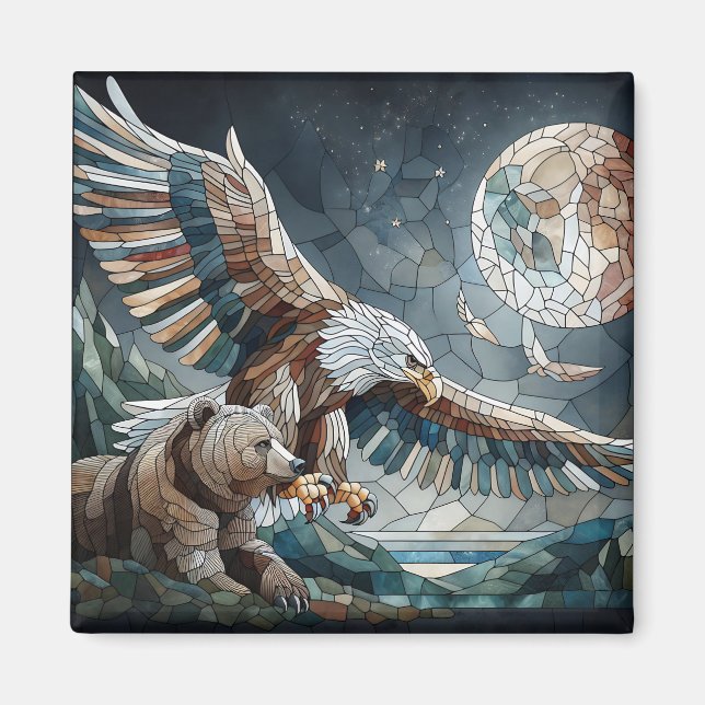 Aimant Mosaic Ai Art | Ours Brown et Pleine lune d'aigle (Devant)