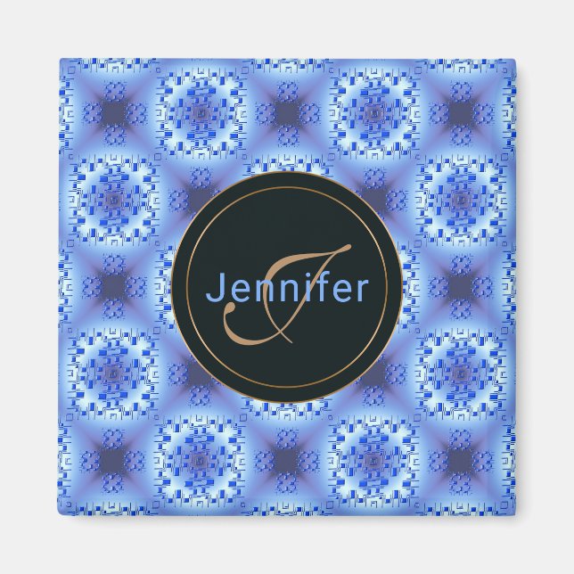 Aimant motif abstrait ethnique géométrique bleu. (Devant)