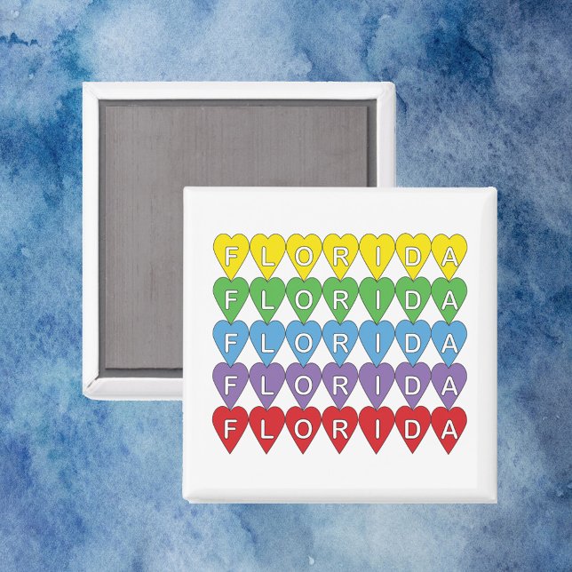Aimant Motif arc-en-ciel du cœur de Floride (A magnet that says Florida with yellow, green, blue, purple and red hearts.)