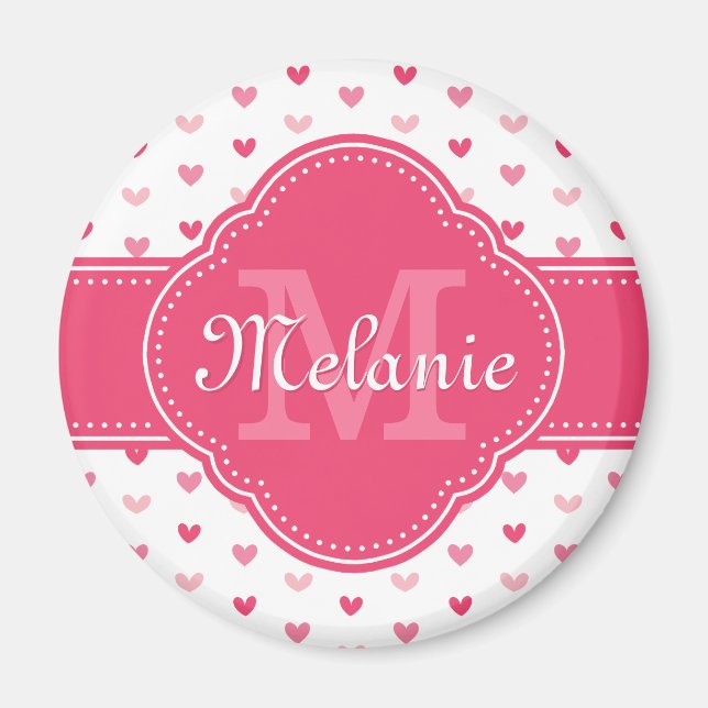 Aimant Motif de coeur rose et blanc avec Monogramme (Devant)