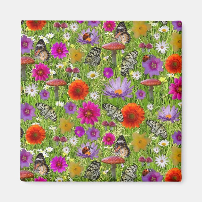 Aimant Motif de collage de fleurs et papillons (Devant)