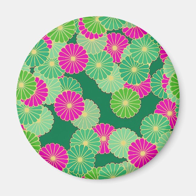 Aimant Motif de fleurs Art Déco - tons verts, fuchsia (Devant)