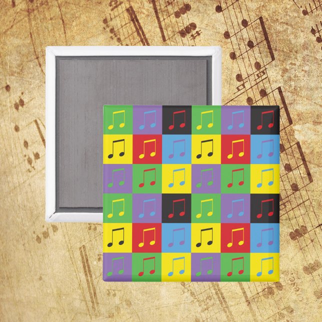 Aimant Motif de musique 8e Notes Arc-en-ciel (A magnet with a music note pattern done in yellow, green, blue, purple, red and black)