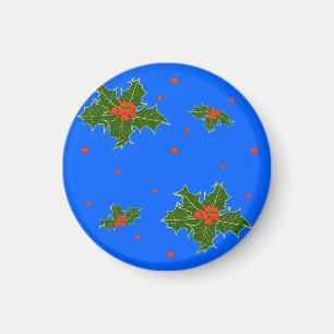 Aimant Motif de Noël Holly (Ilex) sur Festive Blue