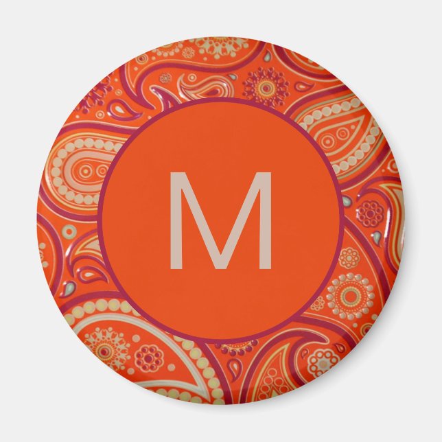 Aimant Motif de paisley orange orné avec monogramme (Devant)
