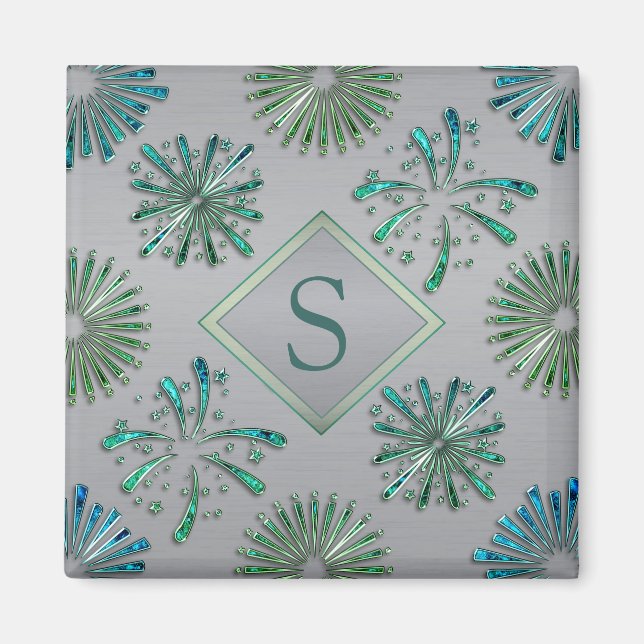Aimant Motif élégant orné bleu-vert monogramme (Devant)