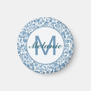 Aimant Motif Floral Bleu Blanc Personnalisé Vintage