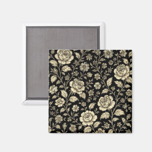 Aimant Motif floral de rose dorée vintage sur fond noir