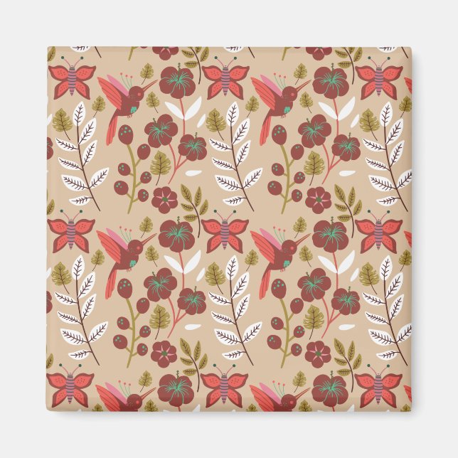 Aimant Motif floral sans couture fleurs, oiseaux, papillo (Devant)