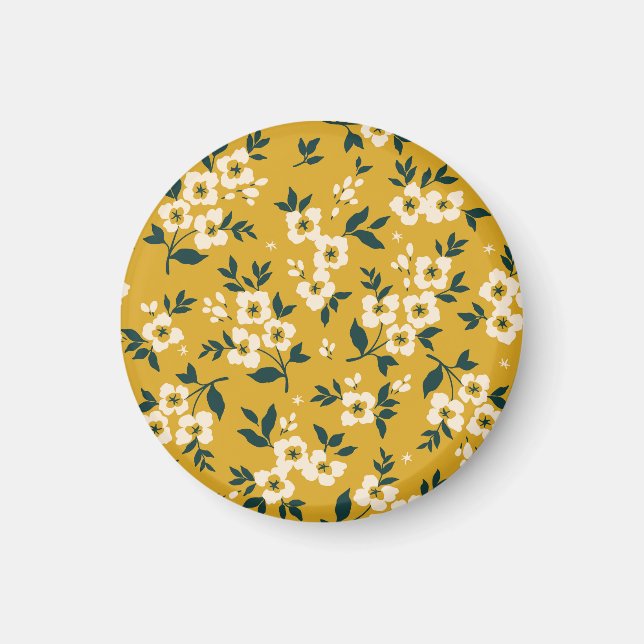 Aimant motif floral vintage, petites fleurs blanches. (Devant)