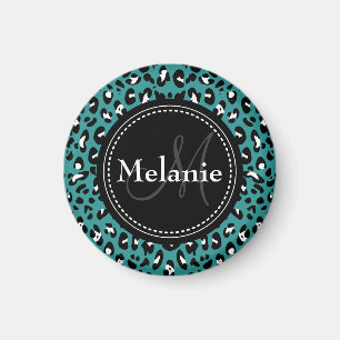 Aimant Motif Léopard noir Turquoise monogramme