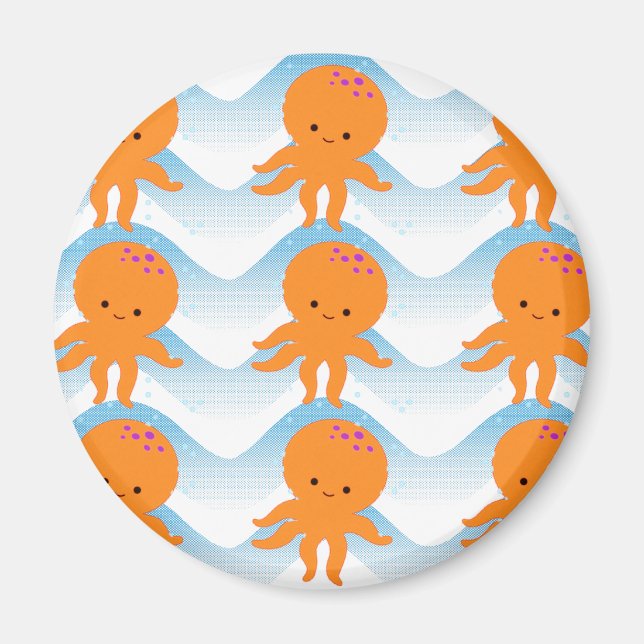 Aimant Motif Octopus Orange Et Vagues Bleues (Devant)