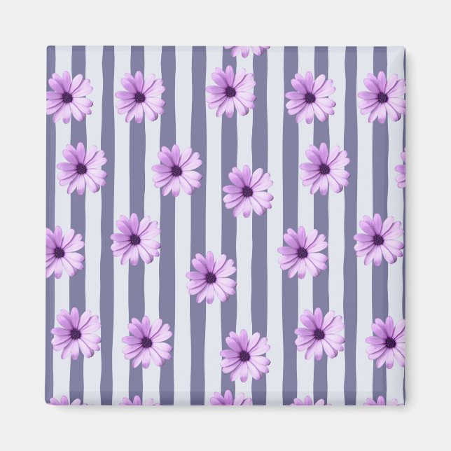 Aimant motif rayé avec des pâquerettes violettes (Devant)