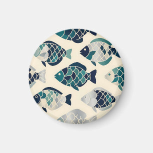 Aimant Motif répétitif de poissons stylisés bleu sarcelle