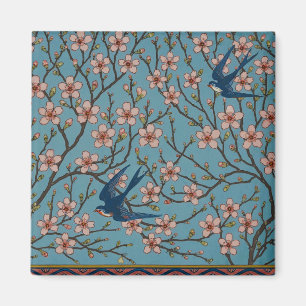 Aimant Motif rétro de l'Hirondelle à fleurs bleues par Wa