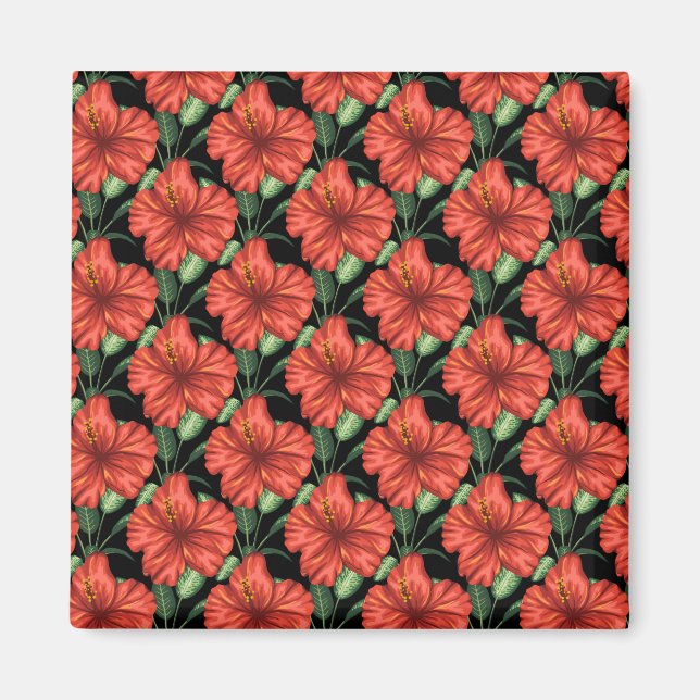 Aimant Motif sans couture Fleurs tropicales rouges feuill (Devant)