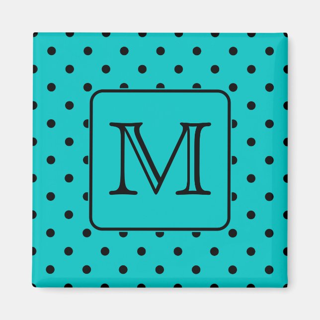 Aimant Motif turquoise et noir Polka Dot. Monogramme pers (Devant)